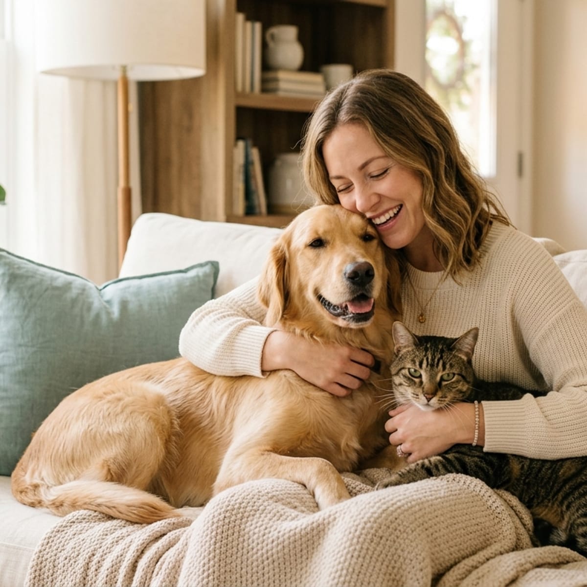 A happy woman hugging a golden retriever and a tabby cat together on a cozy sofa
