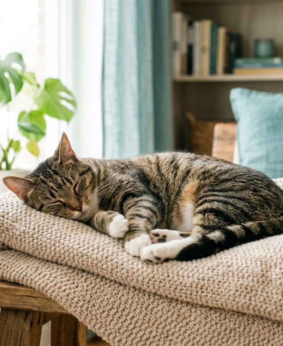 A relaxed tabby cat lounging on a cozy beige blanket