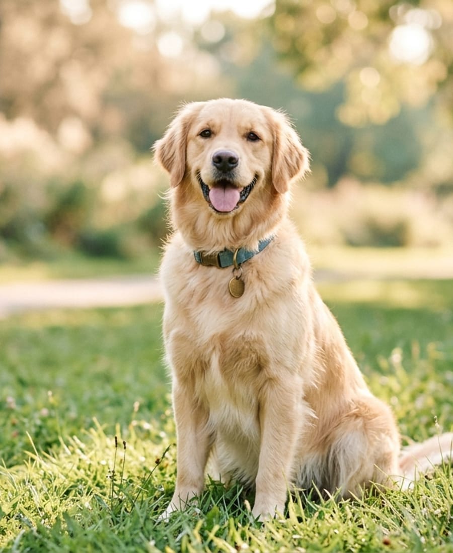 A happy golden retriever dog sitting outdoors in soft light